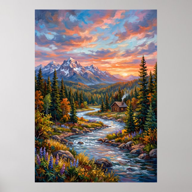 Mountain River Sunset Landscape Poster (Front)