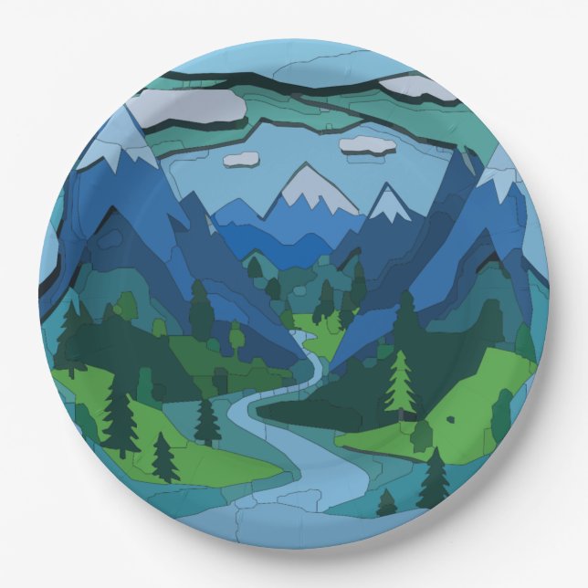 Mountain River Valley Cutout Paper Plate (Front)