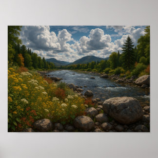 Mountain River Wildflowers Landscape Poster