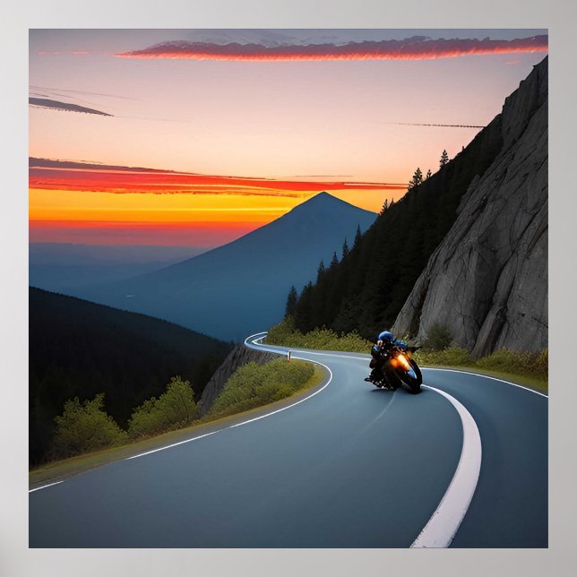 Mountain Road Biker Scene For Motorcycle Fans Poster (Front)