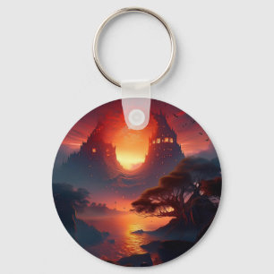 Mountain Rock Houses Overlook Sunset  Lake Keychain