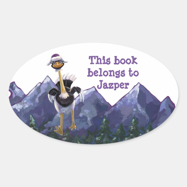 Mountain Running Ostrich Bookplate Oval Sticker (Front)