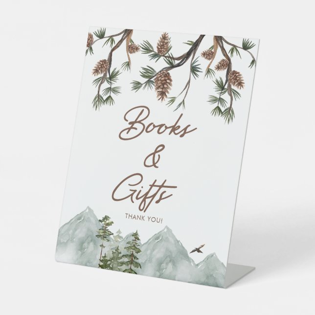 Mountain Rustic Baby Shower Books and Gifts Pedestal Sign (Front)