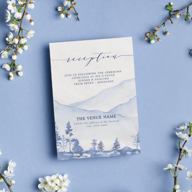 Mountain Rustic Blue Watercolor Reception Enclosure Card (Capture the serene beauty of your love story with our Blue Mountain Watercolor Wedding reception.)