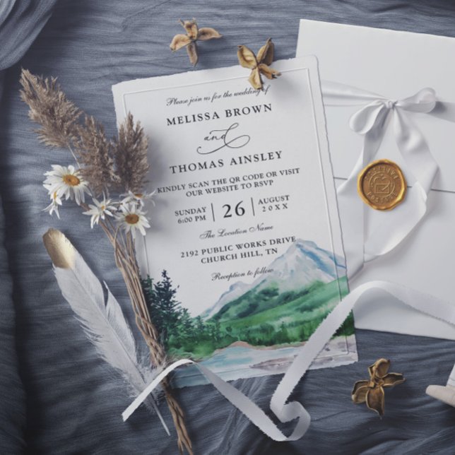 Mountain Rustic Lake Modern Budget QR Code Wedding Invitation (Creator Uploaded)