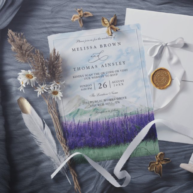 Mountain Rustic Lavender Meadow QR Code Wedding Invitation (Creator Uploaded)