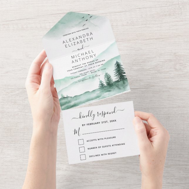 Mountain Rustic Watercolor Greenery All In One Invitation (Tearaway)