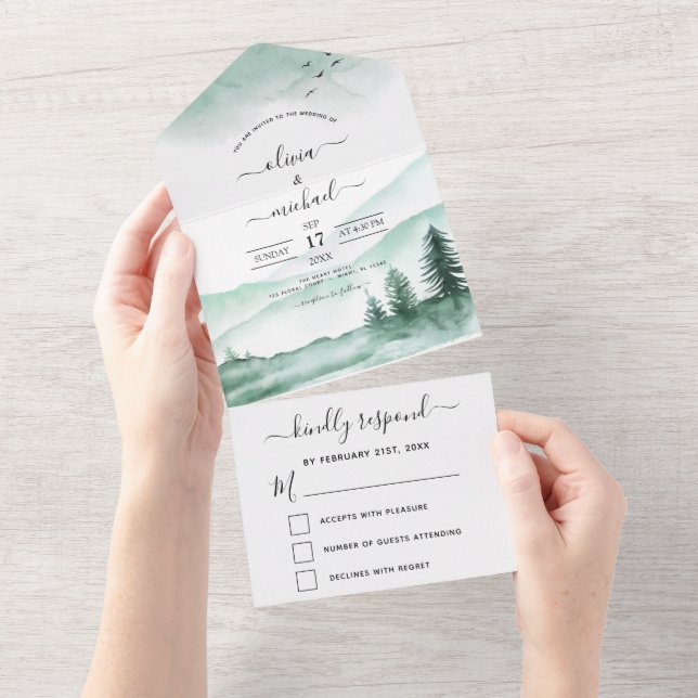 Mountain Rustic Watercolor Greenery RSVP All In One Invitation (Tearaway)