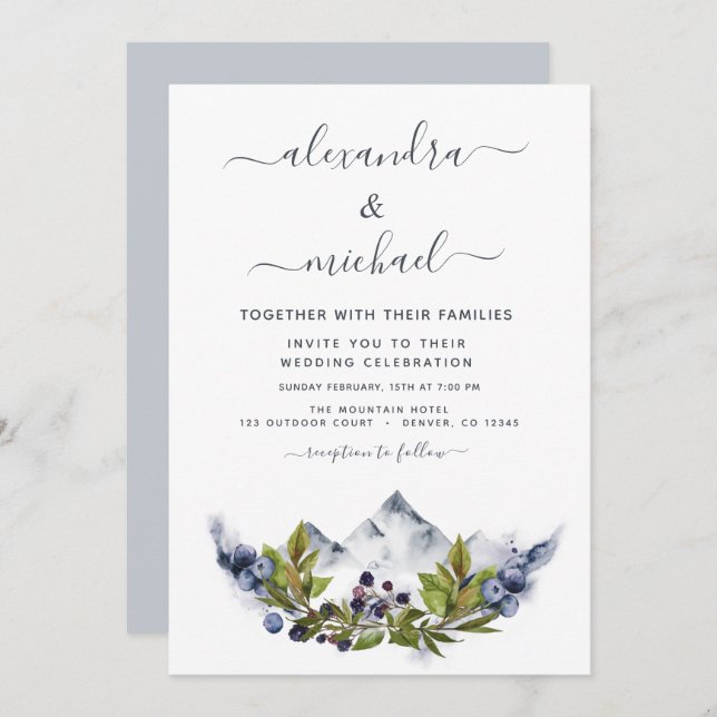 Mountain Rustic Watercolor Greenery Wedding Invitation (Front/Back)
