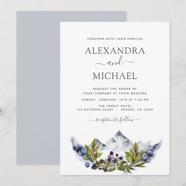 Mountain Rustic Watercolor Greenery Wedding Invitation (Front/Back)