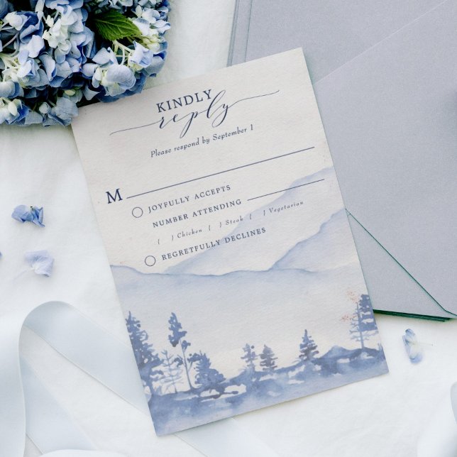 Mountain Rustic Woodland Blue Watercolor Meal RSVP Card (Invigorate your wedding guests with the refreshing charm of our Blue Mountain Watercolor RSVP Card. )