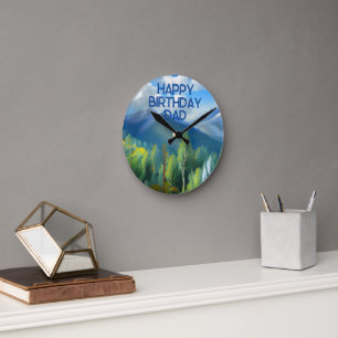 Mountain Scene Painting Happy Birthday Dad  Round Clock