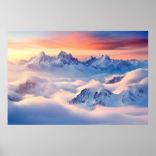 Mountain Sea Clouds Sunset Sky Landscape Poster