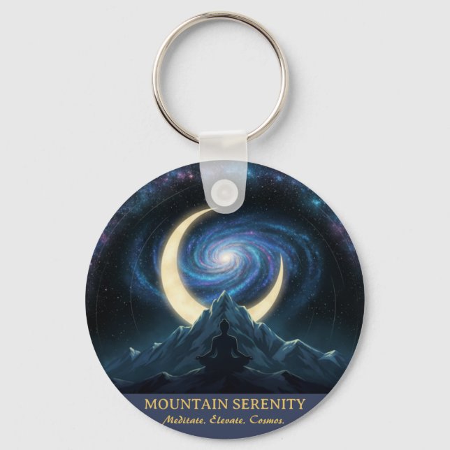 Mountain Serenity Cosmic Meditation, Crescent Moon Keychain (Front)
