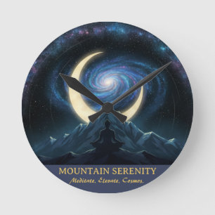 Mountain Serenity Cosmic Meditation, Crescent Moon Round Clock