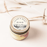 Mountain Sketch | Personalized Wedding Classic Round Sticker<br><div class="desc">Rustic chic stickers for your outdoor,  woods or adventurous wedding feature a hand sketched illustration of mountain peaks,  pine trees and a flowing river,  with your names and wedding date in block lettering.</div>