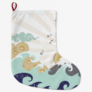 mountain sun japanese illustration large christmas stocking