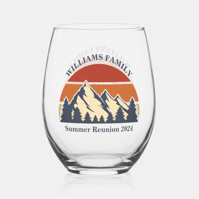 Mountain Sunset Cabin Customizable Family Reunion Stemless Wine Glass (Front)