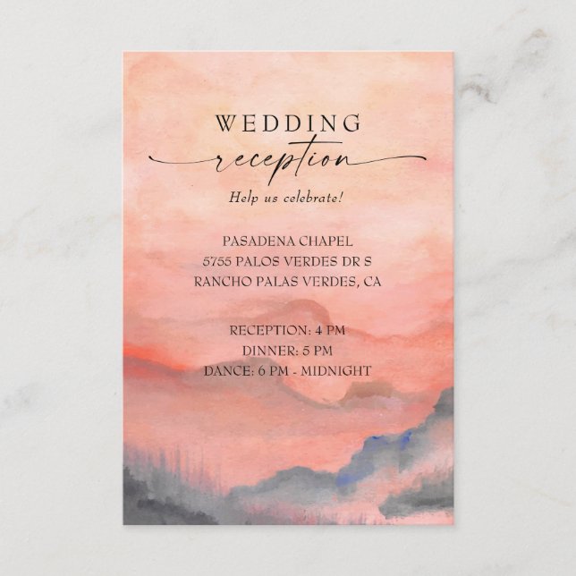Mountain Sunset Coral Wedding Rustic Reception Enclosure Card (Front)