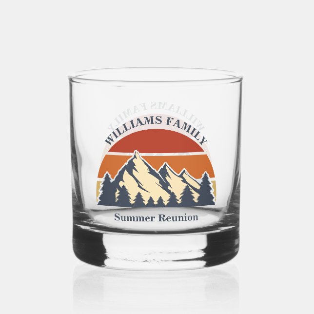 Mountain Sunset Log Cabin Custom Family Reunion Whiskey Glass (Front)
