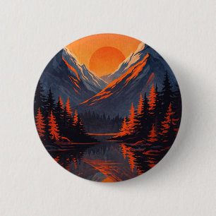 Mountain Sunset Reflection Fiery Orange Sky  2 Inch Round Button