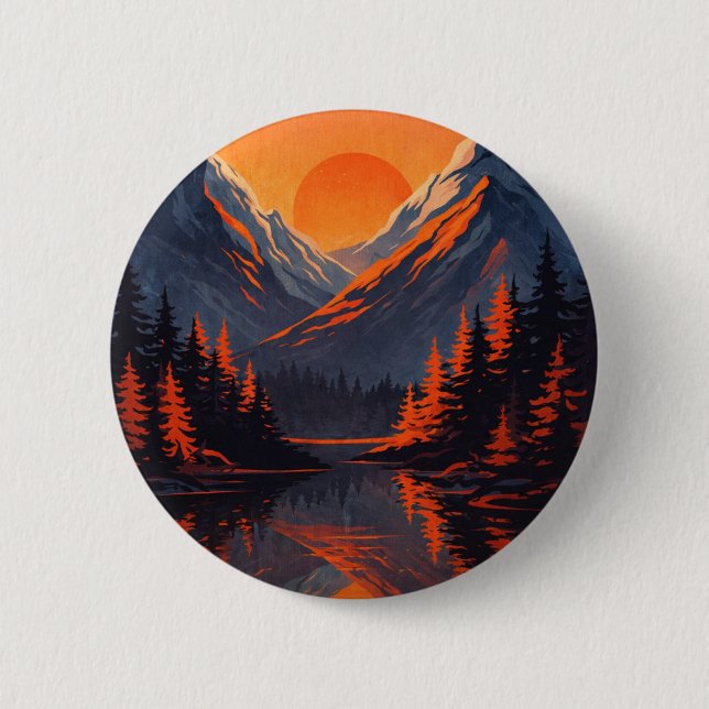 Mountain Sunset Reflection Fiery Orange Sky  2 Inch Round Button (Front)