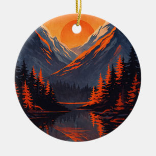 Mountain Sunset Reflection Fiery Orange Sky Ceramic Ornament