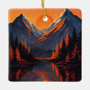Mountain Sunset Reflection Fiery Orange Sky  Ceramic Ornament