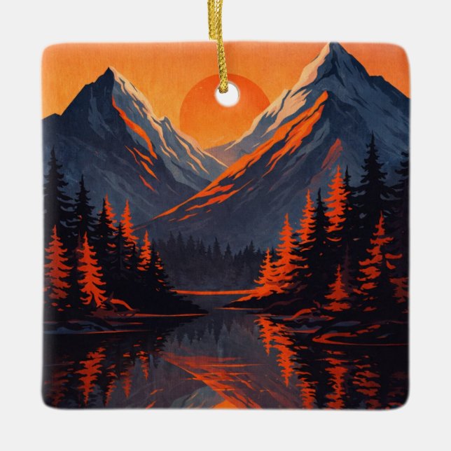 Mountain Sunset Reflection Fiery Orange Sky  Ceramic Ornament (Front)