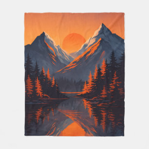 Mountain Sunset Reflection Fiery Orange Sky  Fleece Blanket