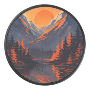 Mountain Sunset Reflection Fiery Orange Sky Hockey Puck