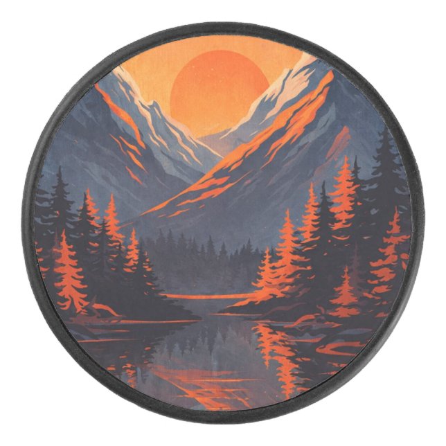 Mountain Sunset Reflection Fiery Orange Sky  Hockey Puck (Front)