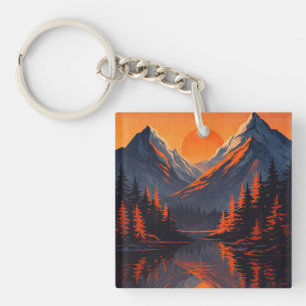 Mountain Sunset Reflection Fiery Orange Sky Keychain