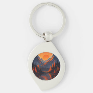 Mountain Sunset Reflection Fiery Orange Sky Keychain