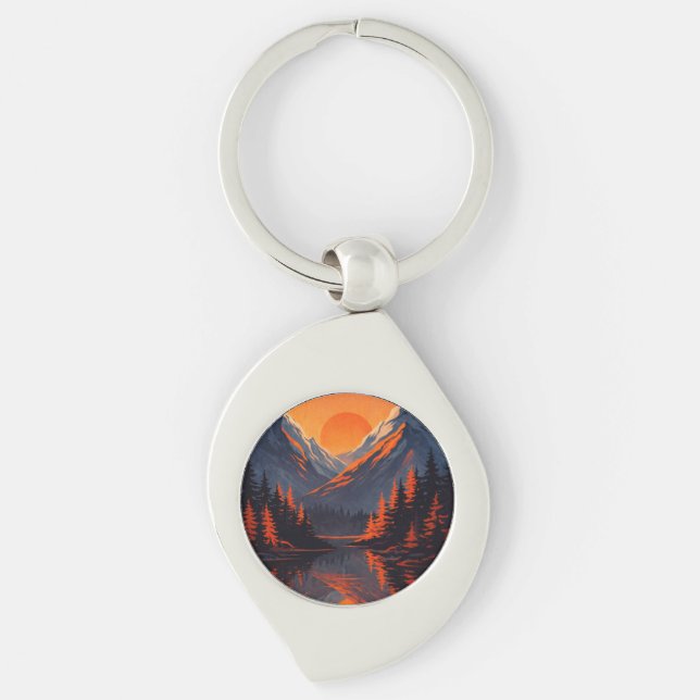 Mountain Sunset Reflection Fiery Orange Sky  Keychain (Front)