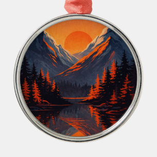 Mountain Sunset Reflection Fiery Orange Sky  Metal Ornament