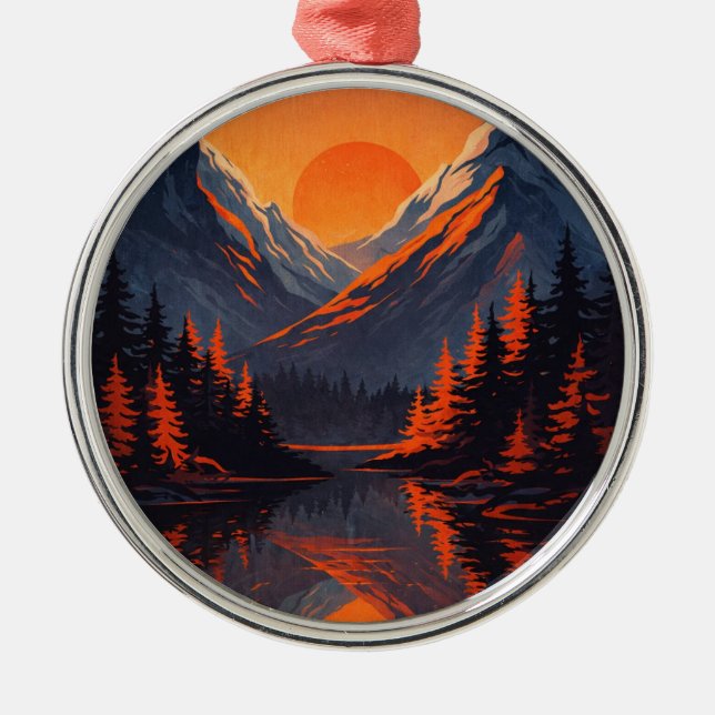 Mountain Sunset Reflection Fiery Orange Sky  Metal Ornament (Front)