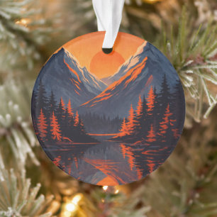Mountain Sunset Reflection Fiery Orange Sky  Ornament