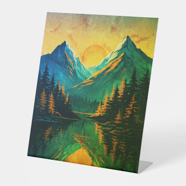 Mountain Sunset Reflection Fiery Orange Sky  Pedestal Sign (Front)