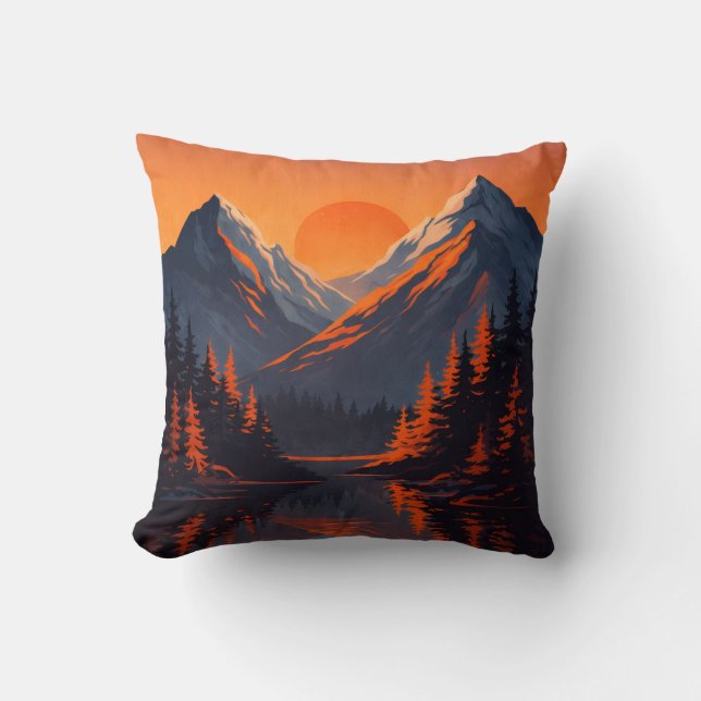 Mountain Sunset Reflection Fiery Orange Sky  Throw Pillow (Front)