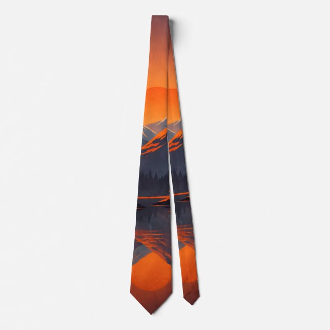 Mountain Sunset Reflection Fiery Orange Sky  Tie (Front)