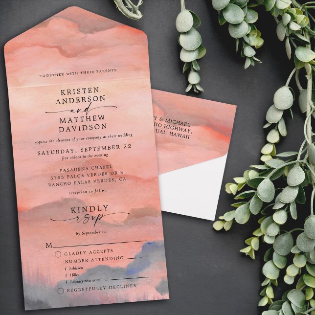 Mountain Sunset Watercolor Wedding Meal All In One Invitation (Rustic Sunset Mountain Watercolor wedding all in one invite rsvp card. Perfect for any destination.)