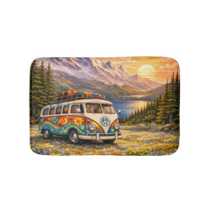 Mountain Sunset Wildflowers Retro Hippie Van Life Bath Mat