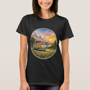 Mountain Sunset Wildflowers Retro Hippie Van Life T-Shirt