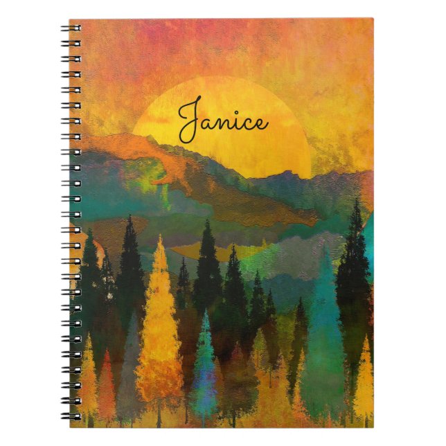 Mountain Sunshine Personalize Name Blue Green Gold Notebook (Front)
