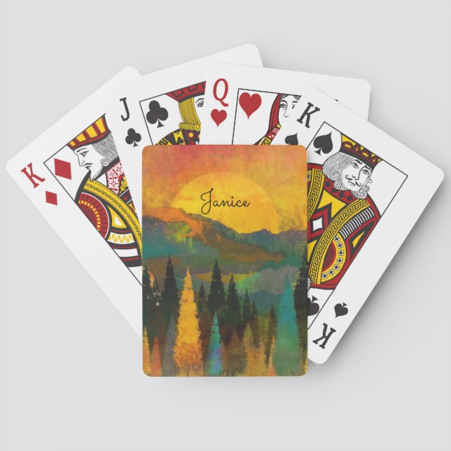 Mountain Sunshine Personalize Name Blue Green Gold Playing Cards (Back)
