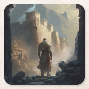 Mountain town siege square paper coaster