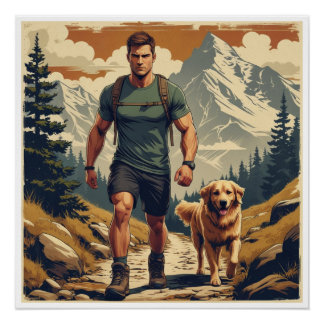 Mountain Trail Hiker & Dog Adventure Illustration Poster