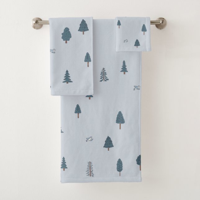 Mountain Tree Blue Bird Boy Bathroom Bath Towel Set (Insitu)