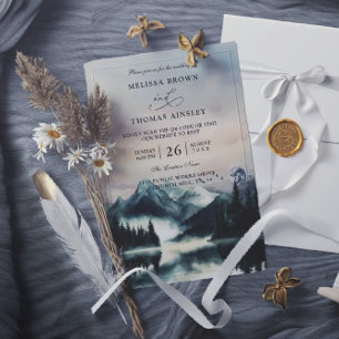 Mountain Trees Pine Rustic Budget QR Code Wedding Invitation